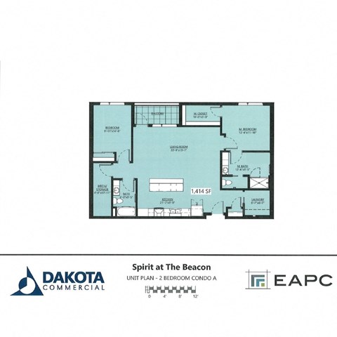 Floor plan for 2 beds, 2 baths, 1414 sqft